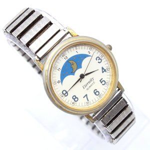 Vintage Eternity Watch Mens Silver Tone Stainless Steel Moonphase Style 80's